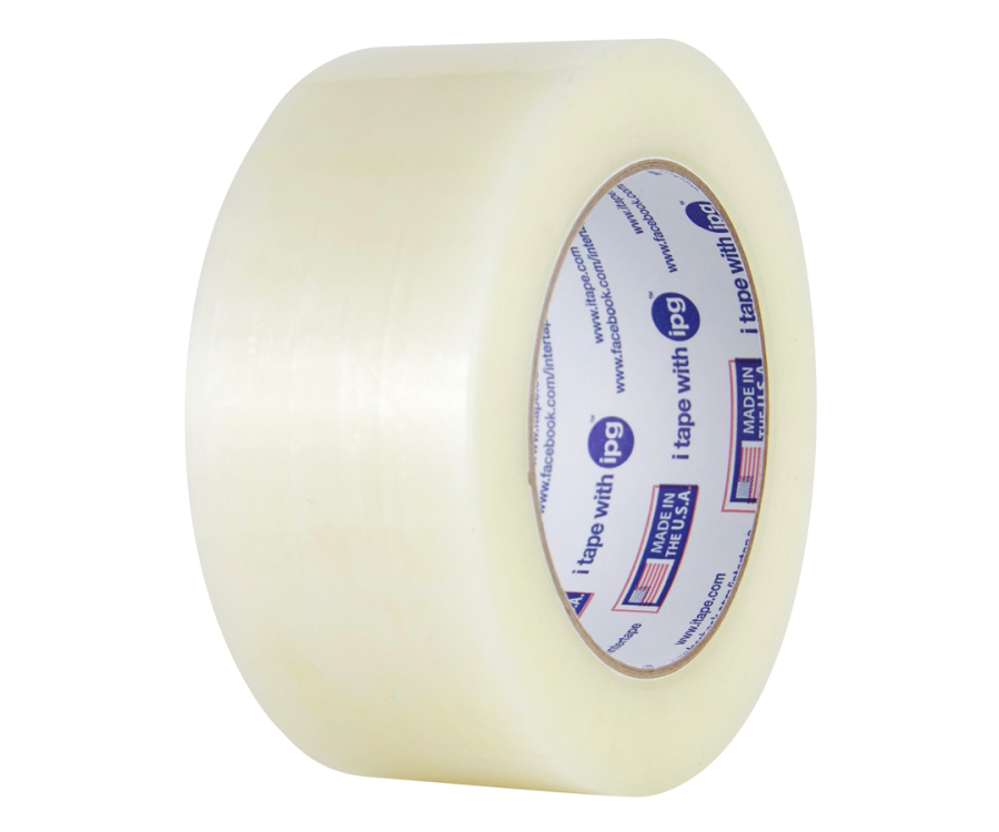 A roll of clear adhesive tape with printed text on the inner core. Intertape® 2.2-Mil. 8100 Clear Carton Sealing Tape (72 mm. x 1371 m., 4/Case)